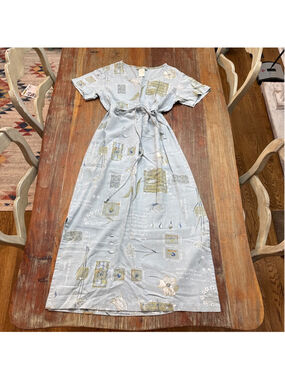 Vintage Sweet Jessie Medium Tall Linen Blend Botanical Script Maxi Dress Blue